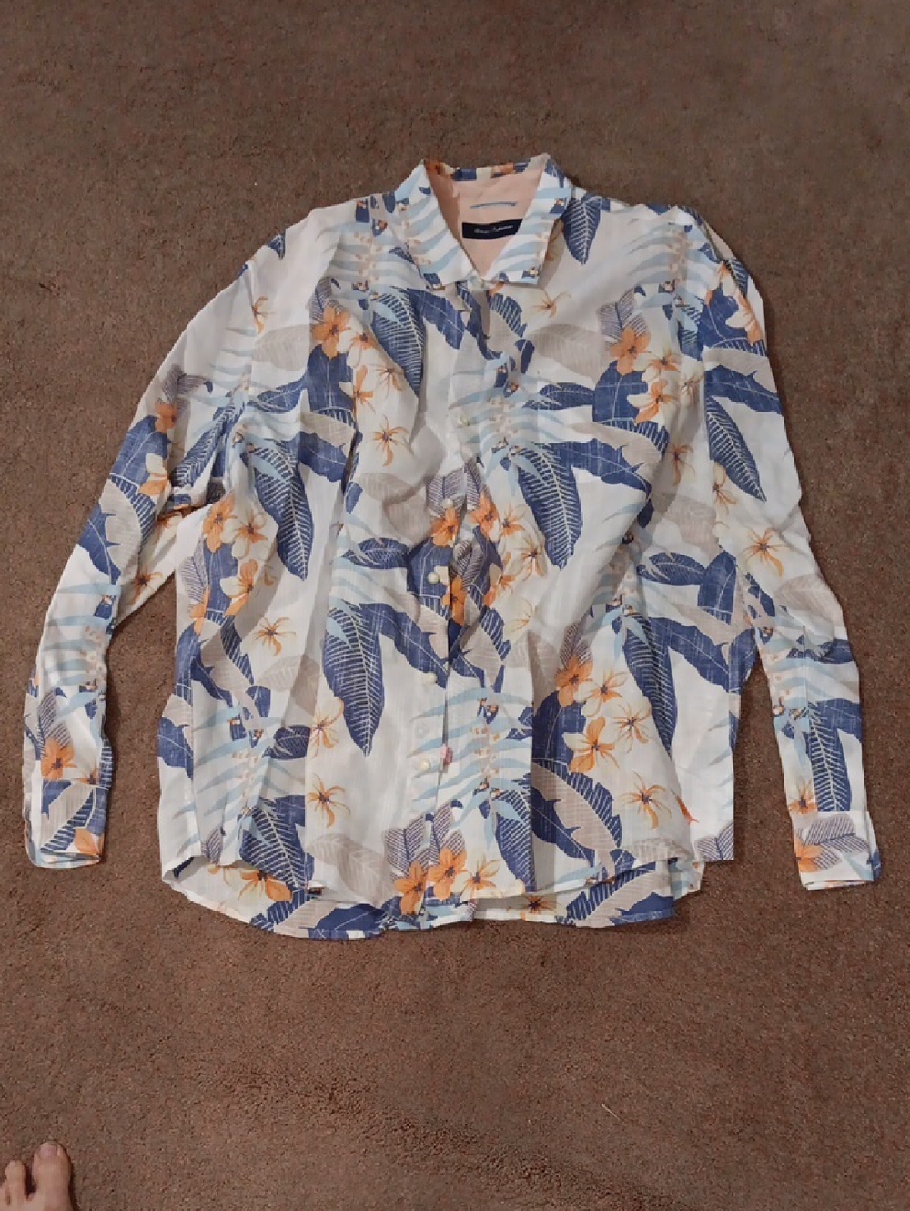 Tommy Bahama White Button-Down Shirt with Blue Leaf and Orange Floral Print